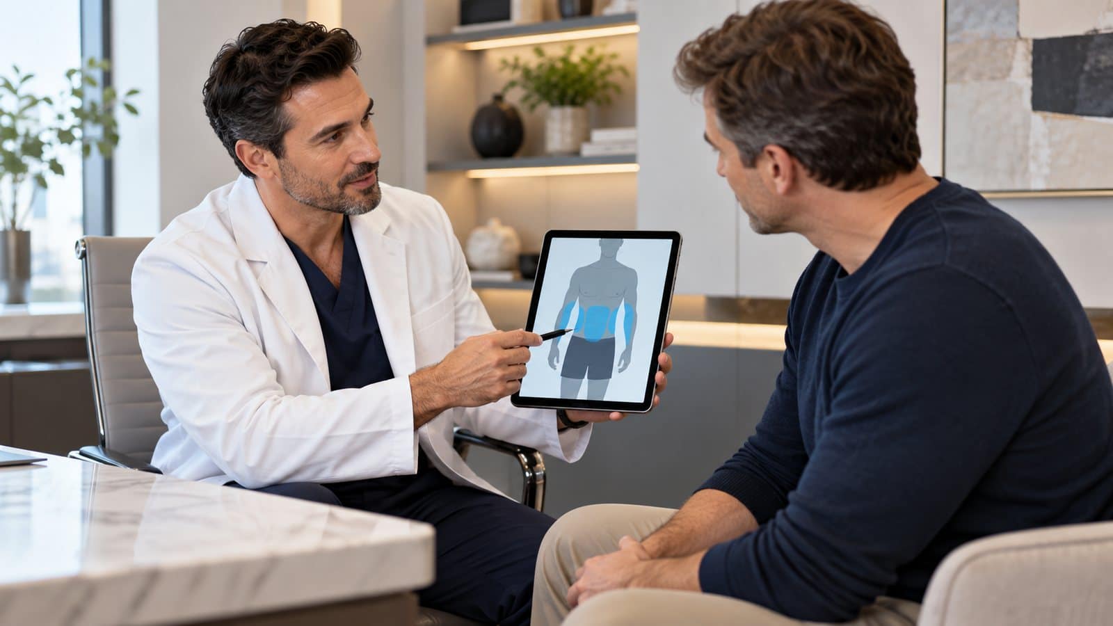Patient discussing abdominal liposuction in Turkey with a surgeon