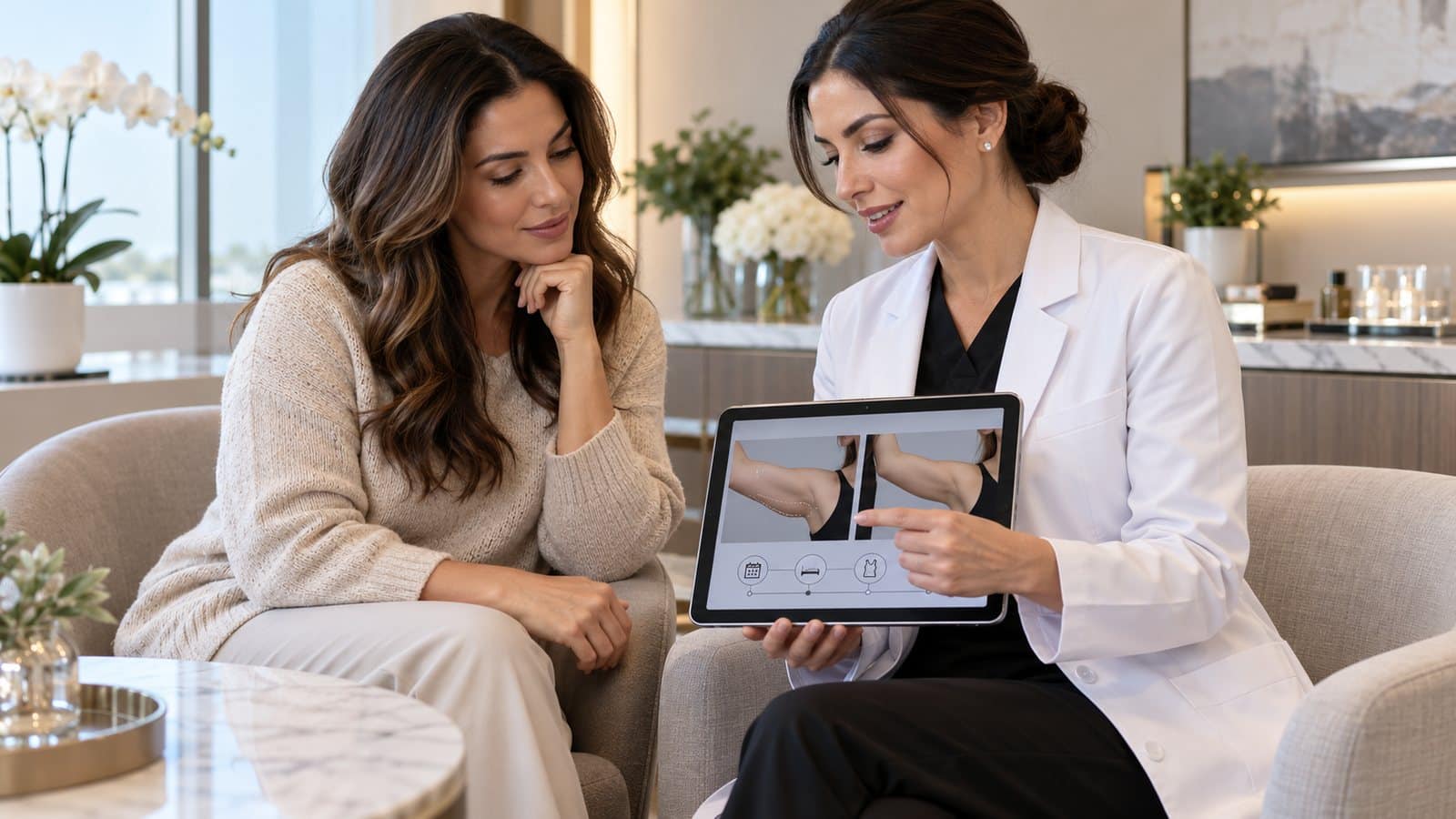 Patient discussing double chin liposuction and neck contouring in Turkey