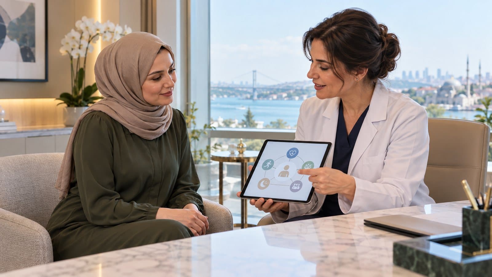 Woman attending a liposuction consultation at a private clinic in Istanbul